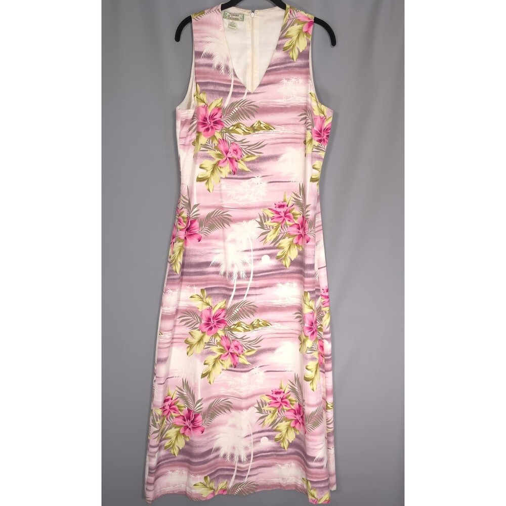 TOMMY BAHAMA Womens 12 Floral Midi Dress 100% SILK Pink Sleeveless VNeck Vintage